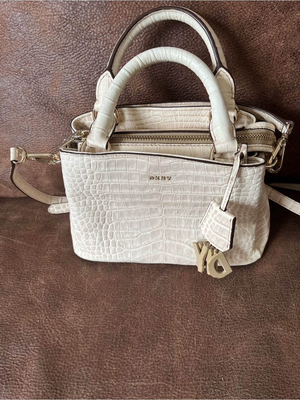 DKNY Cream Croc-Embossed Mini Satchel with Gold Charm